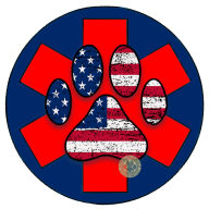 Paw with embossed US flag over the Star of Life.